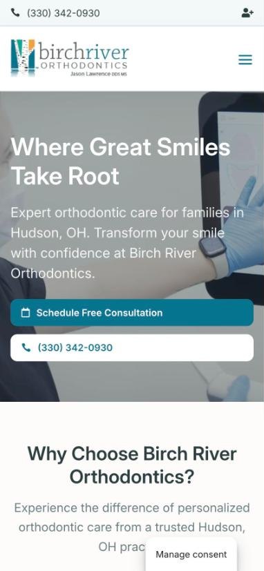 Birch River Orthodontics website on mobile