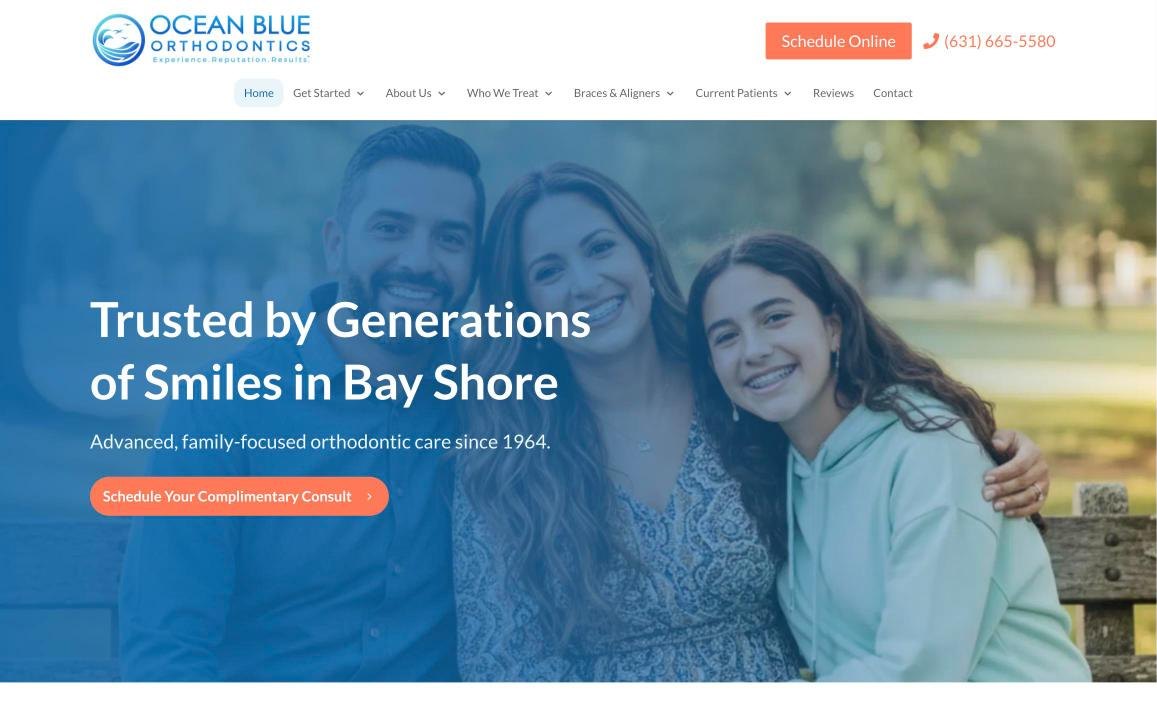 Ocean Blue Orthodontics website on desktop